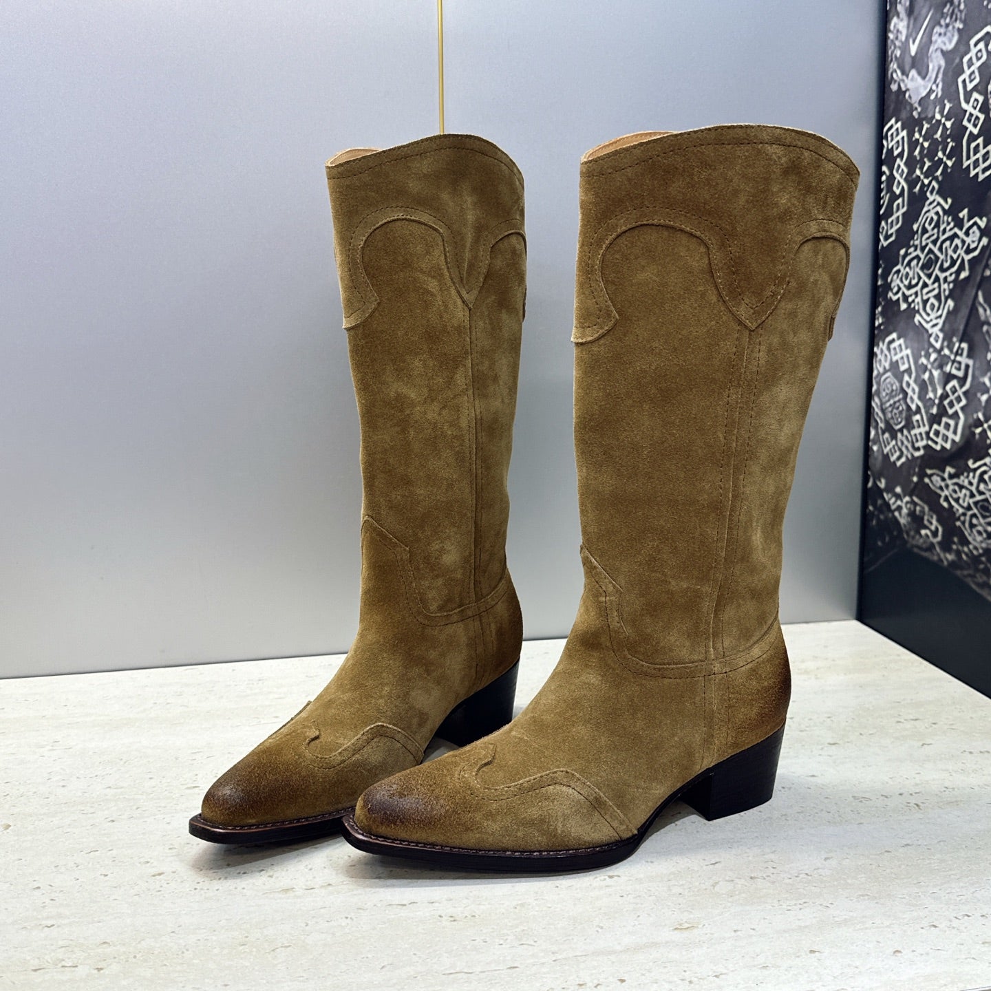 Celine 26s Mid-Calf Boots 4.5cm Khaki Suede 959447