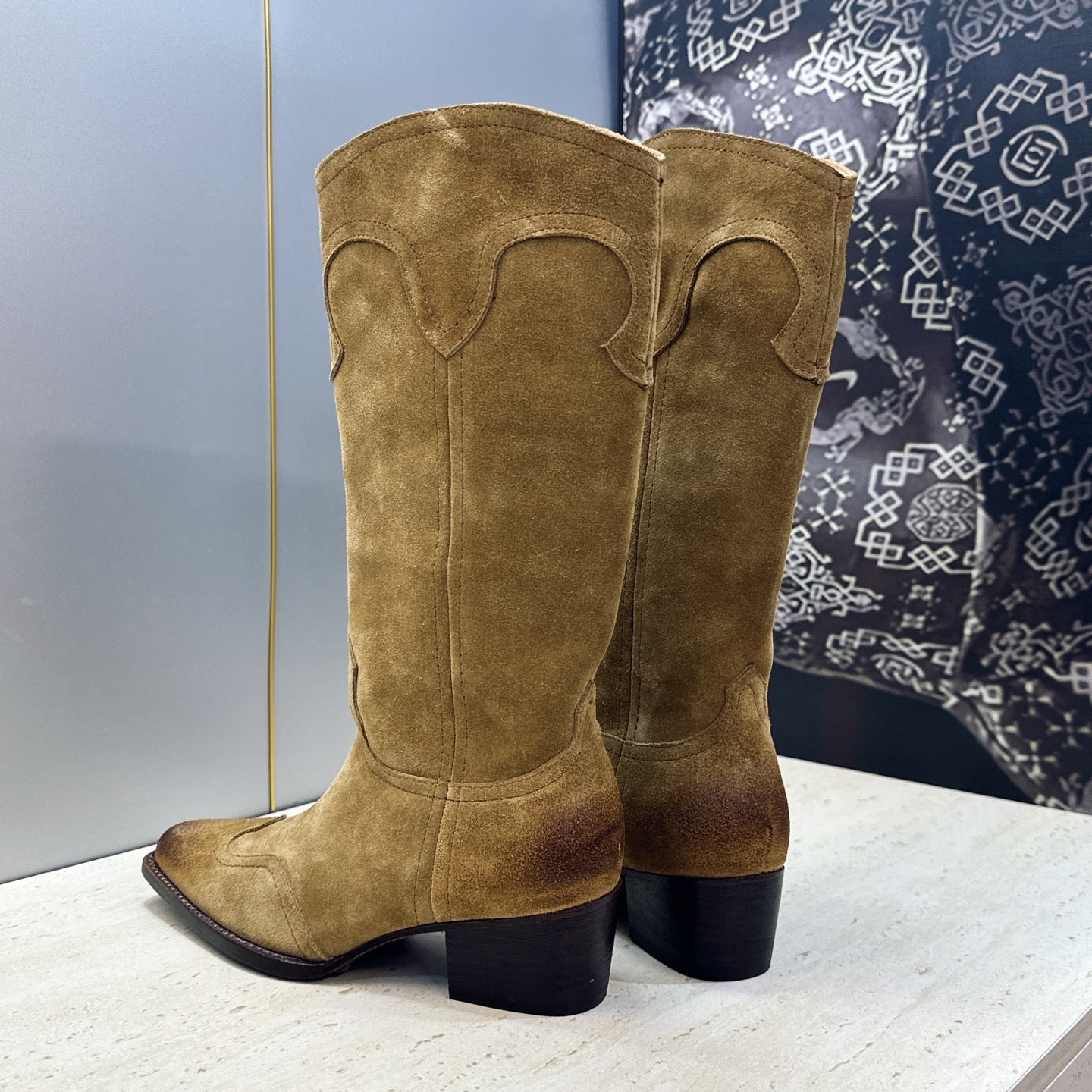Celine 26s Mid-Calf Boots 4.5cm Khaki Suede 959447