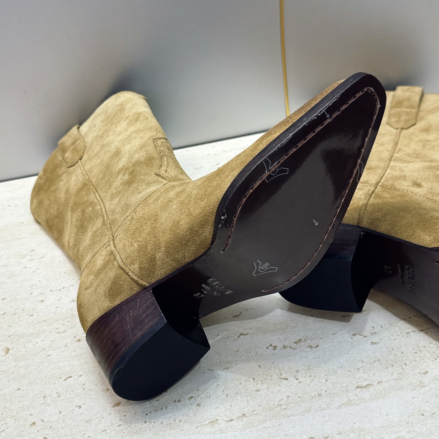 Celine 26s Mid-Calf Boots 4.5cm Khaki Suede 959452
