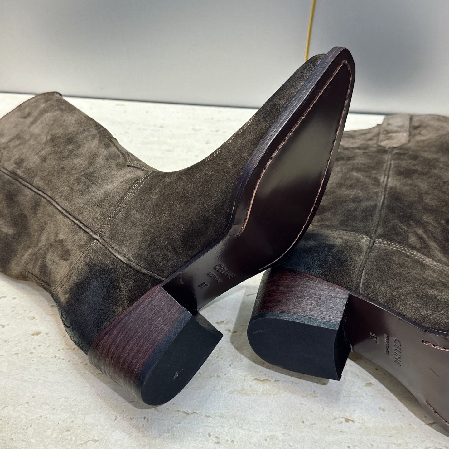 Celine 26s Mid-Calf Boots 4.5cm Taupe Suede 959453