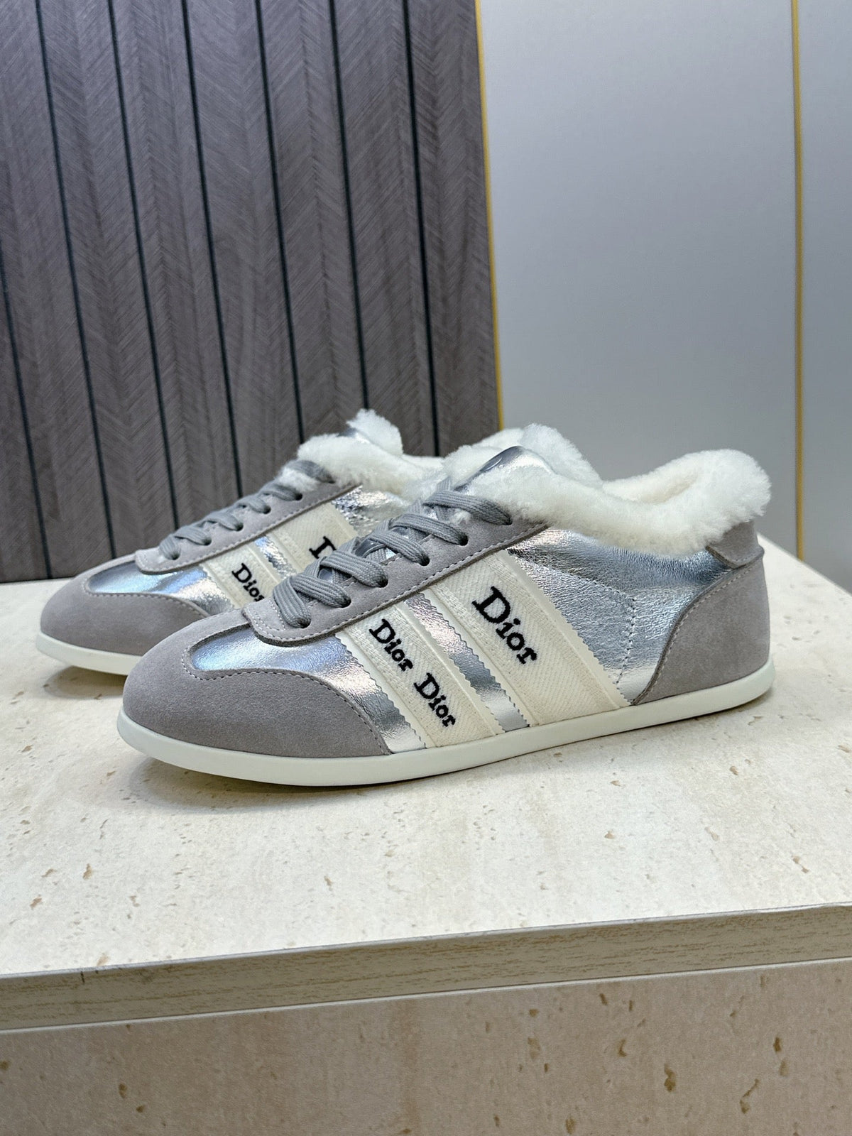 CD 26s Chrono Sneakers Silver Grey Metallic Suede Shearling 118426