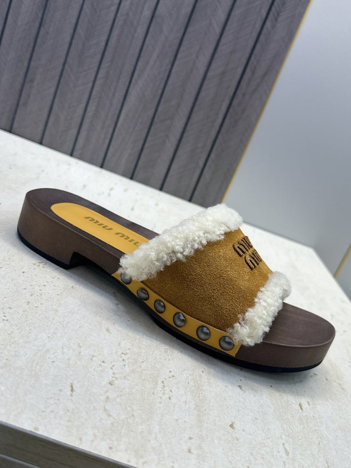 Miu Miu Clog Sandals Yellow Suede Fur 118378