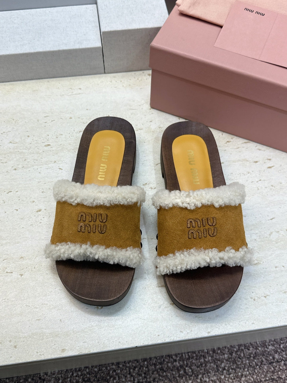 Miu Miu Clog Sandals Yellow Suede Fur 118378