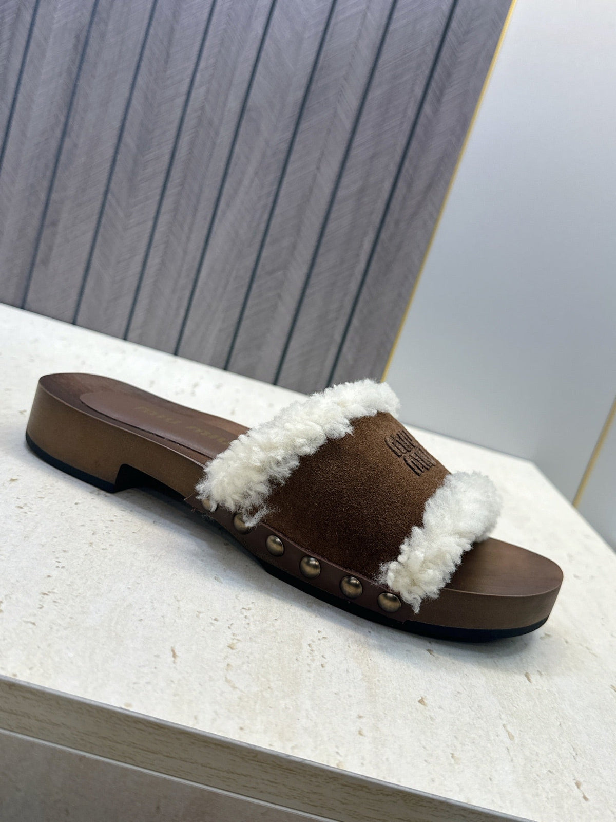 Miu Miu Clog Sandals Brown Suede Fur 118379