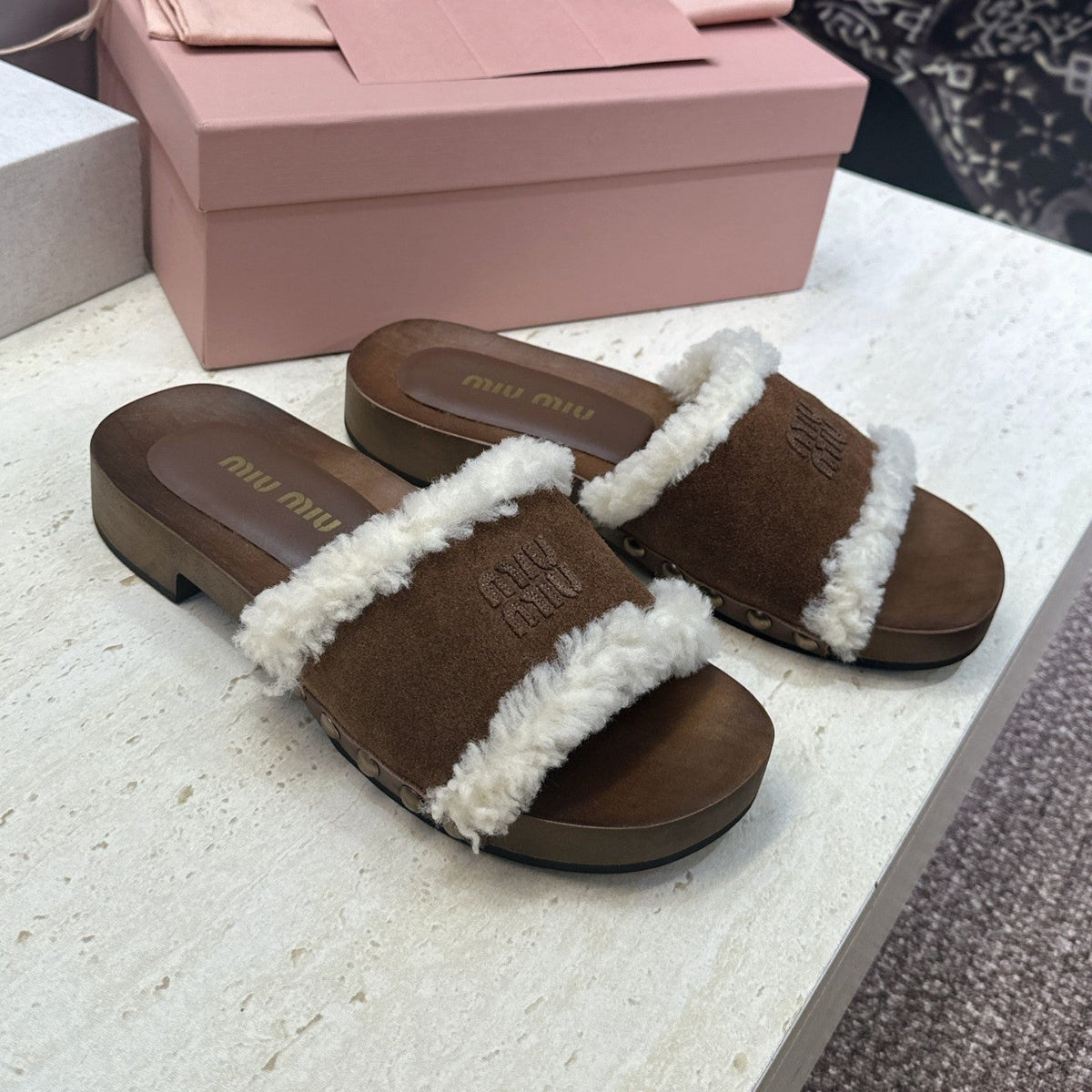 Miu Miu Clog Sandals Brown Suede Fur 118379