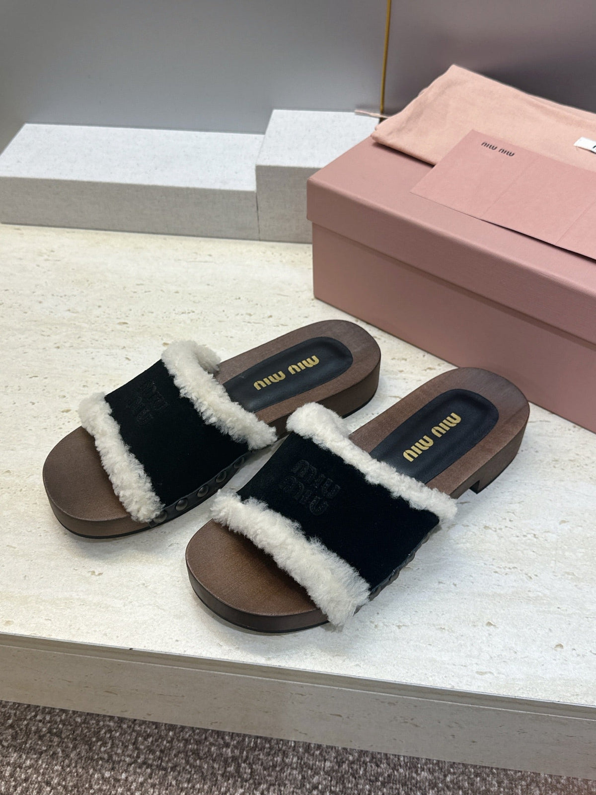 Miu Miu Clog Sandals Black Suede Fur 118380