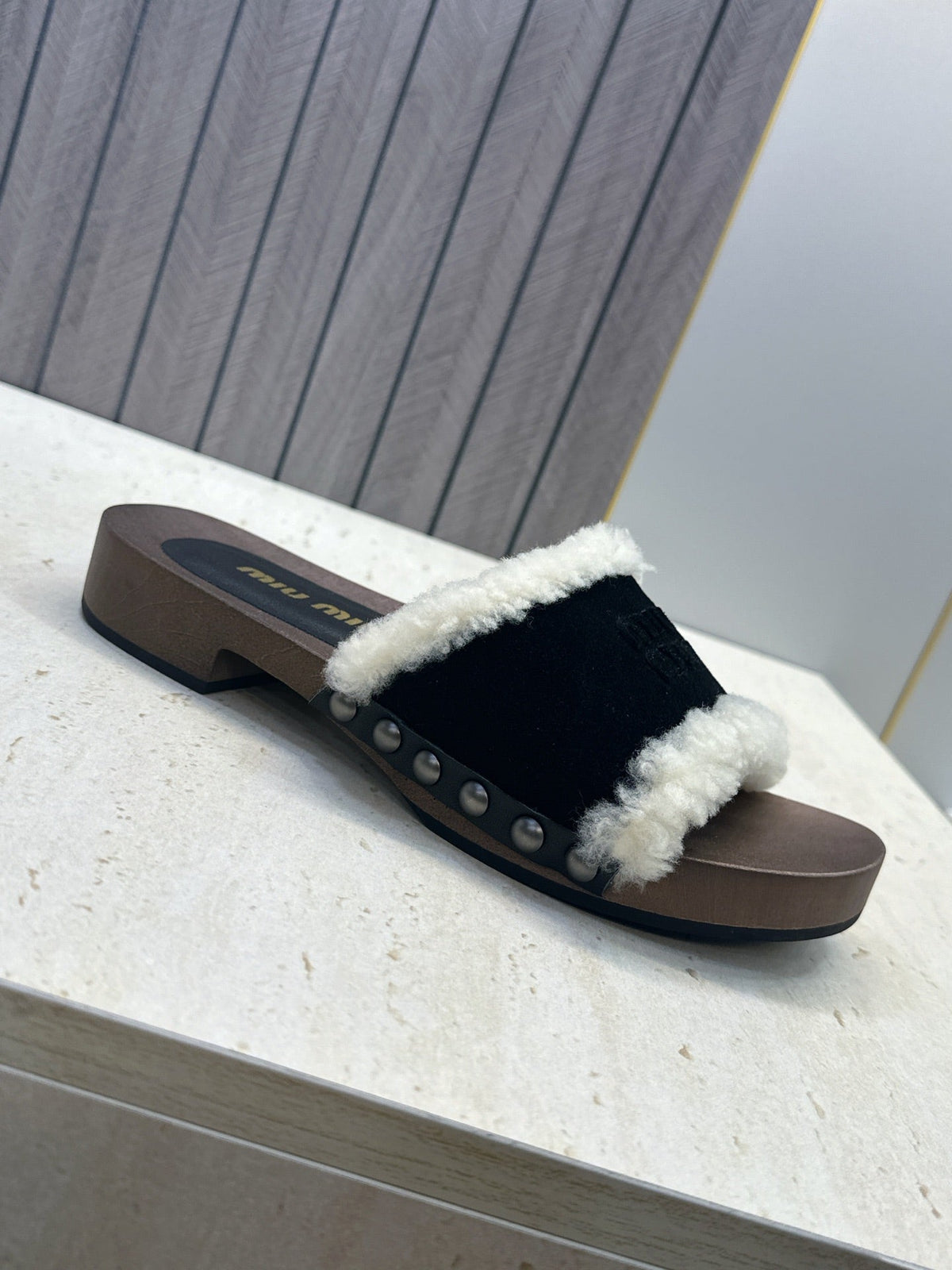 Miu Miu Clog Sandals Black Suede Fur 118380