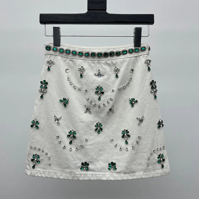 Miumiu 2026 Emerald-studded Midi Skirt White Green Cotton