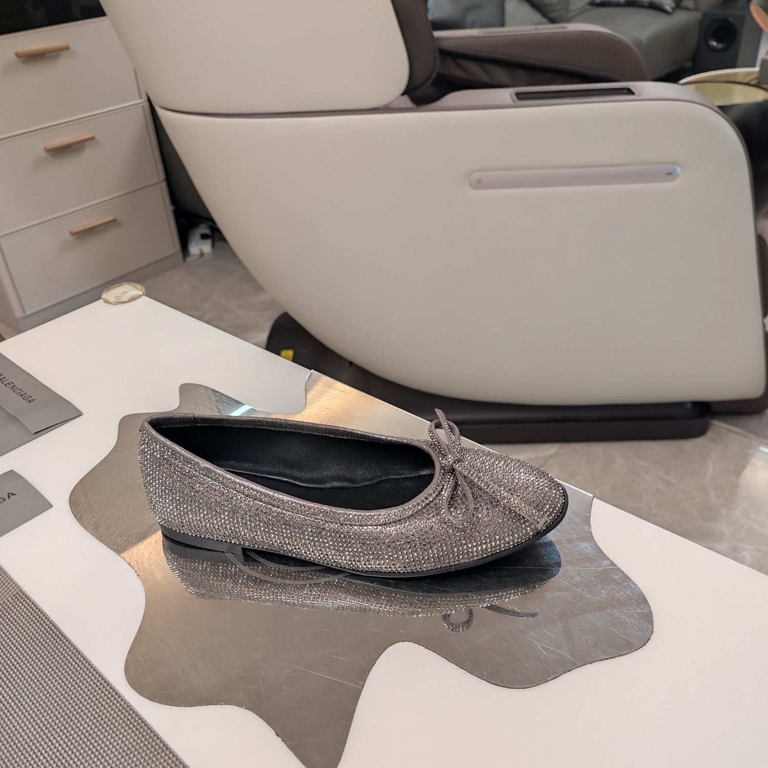 Balen 25 bow ballet flat attached rhinestones in grey calfskin 184484