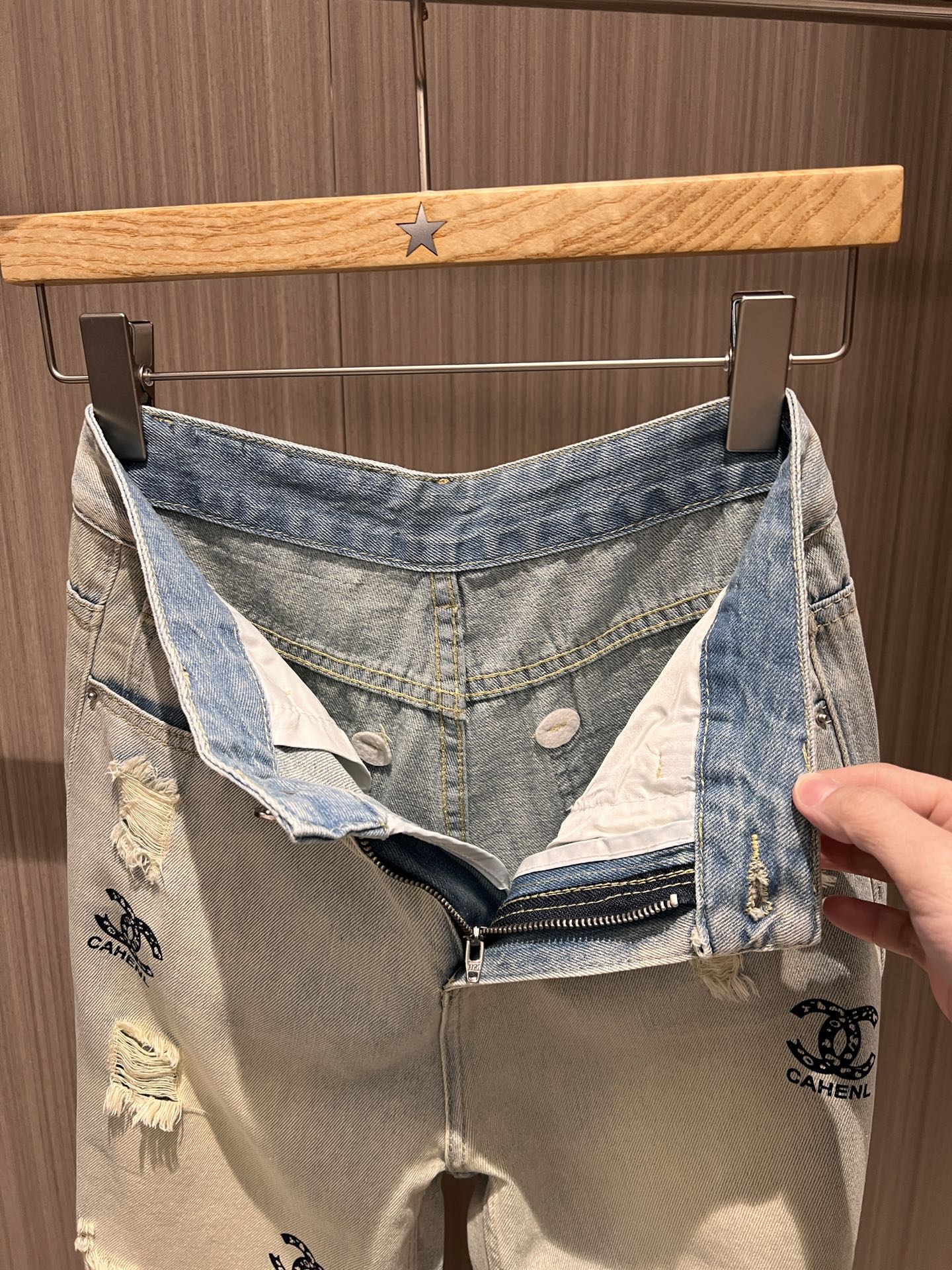 CC Double C Printed Ripped Jeans Retro Light Blue Cotton