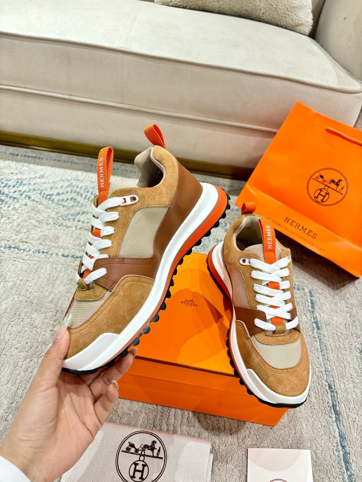 HM Jet Sneaker Light Brown Mesh Suede Calfskin 581326