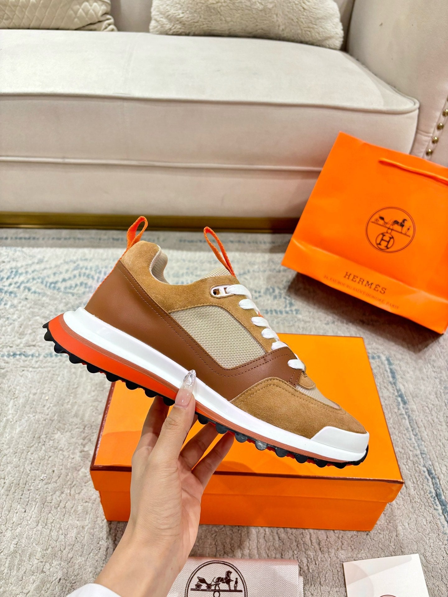 HM Jet Sneaker Light Brown Mesh Suede Calfskin 581326