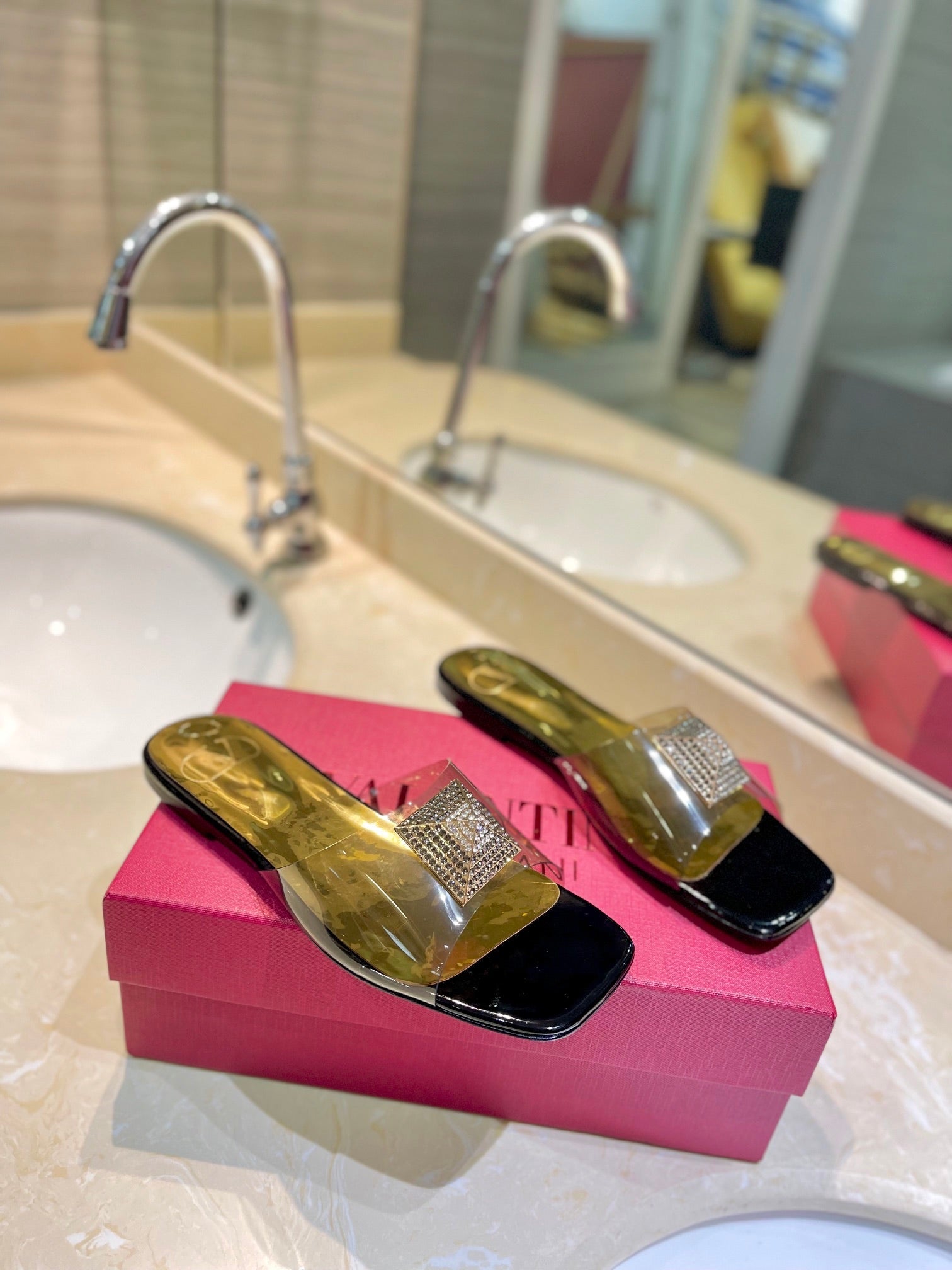 Valentino 26s Flat Slides Black Mix Gold Lambskin With Crystal