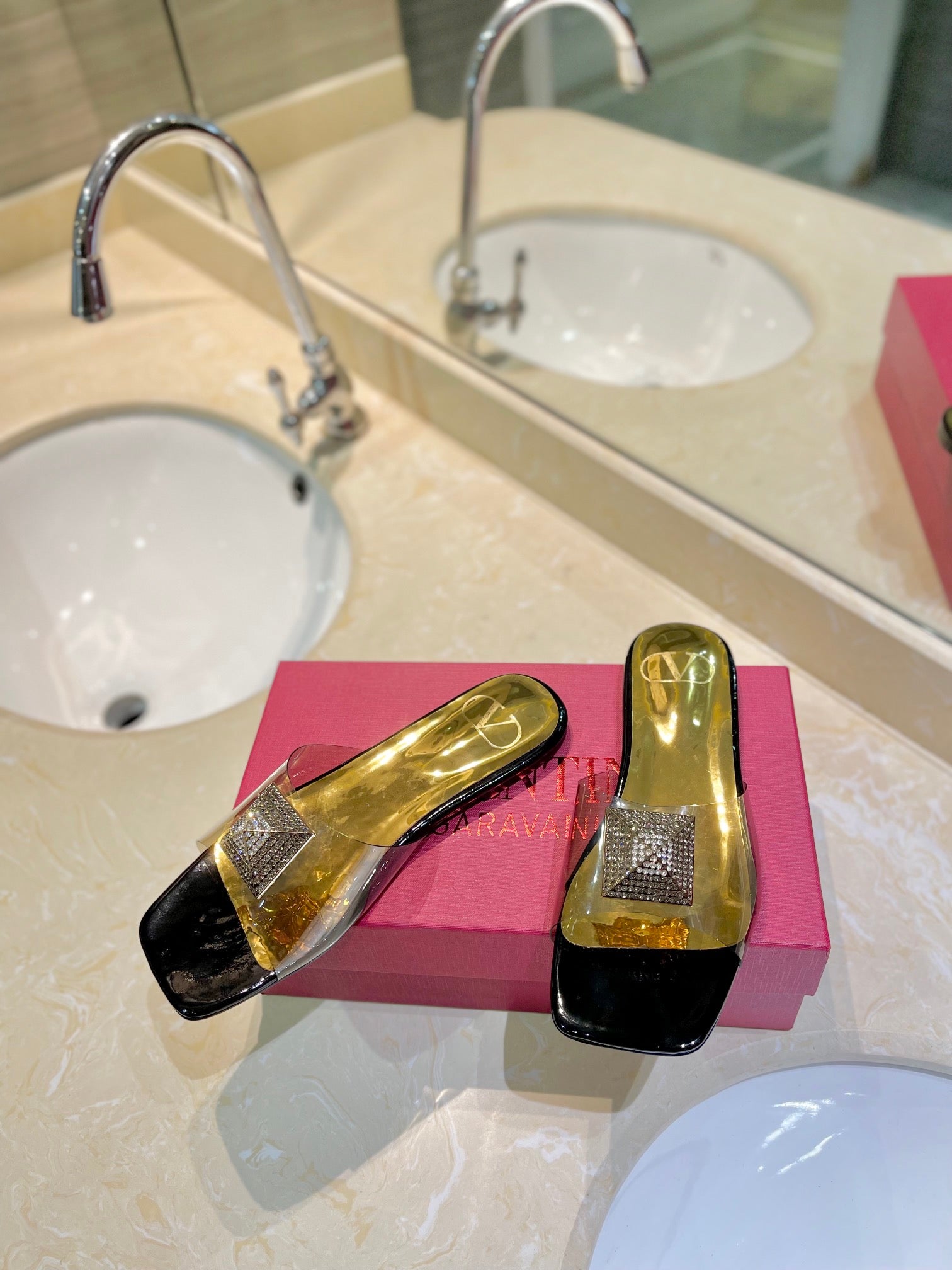 Valentino 26s Flat Slides Black Mix Gold Lambskin With Crystal