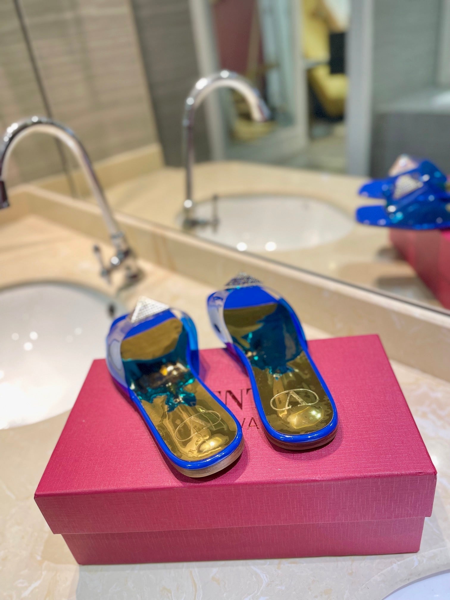Valentino 26s Flat Slides Blue Mix Gold Lambskin With Crystal