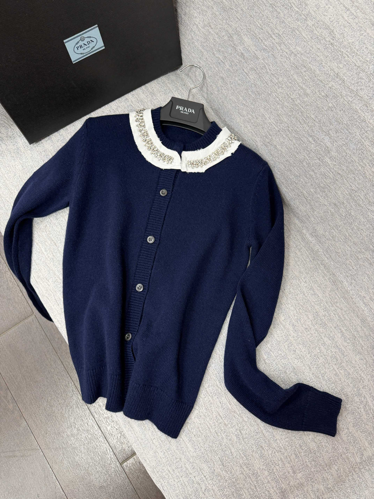 Prada 26s Knit Cardigan Navy Blue Virgin Wool Cashmere Crystal Embellished Collar 442023