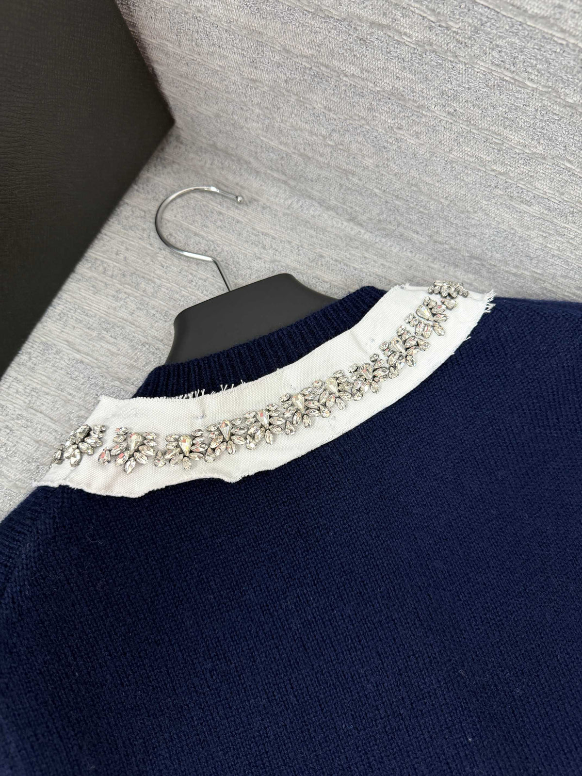 Prada 26s Knit Cardigan Navy Blue Virgin Wool Cashmere Crystal Embellished Collar 442023