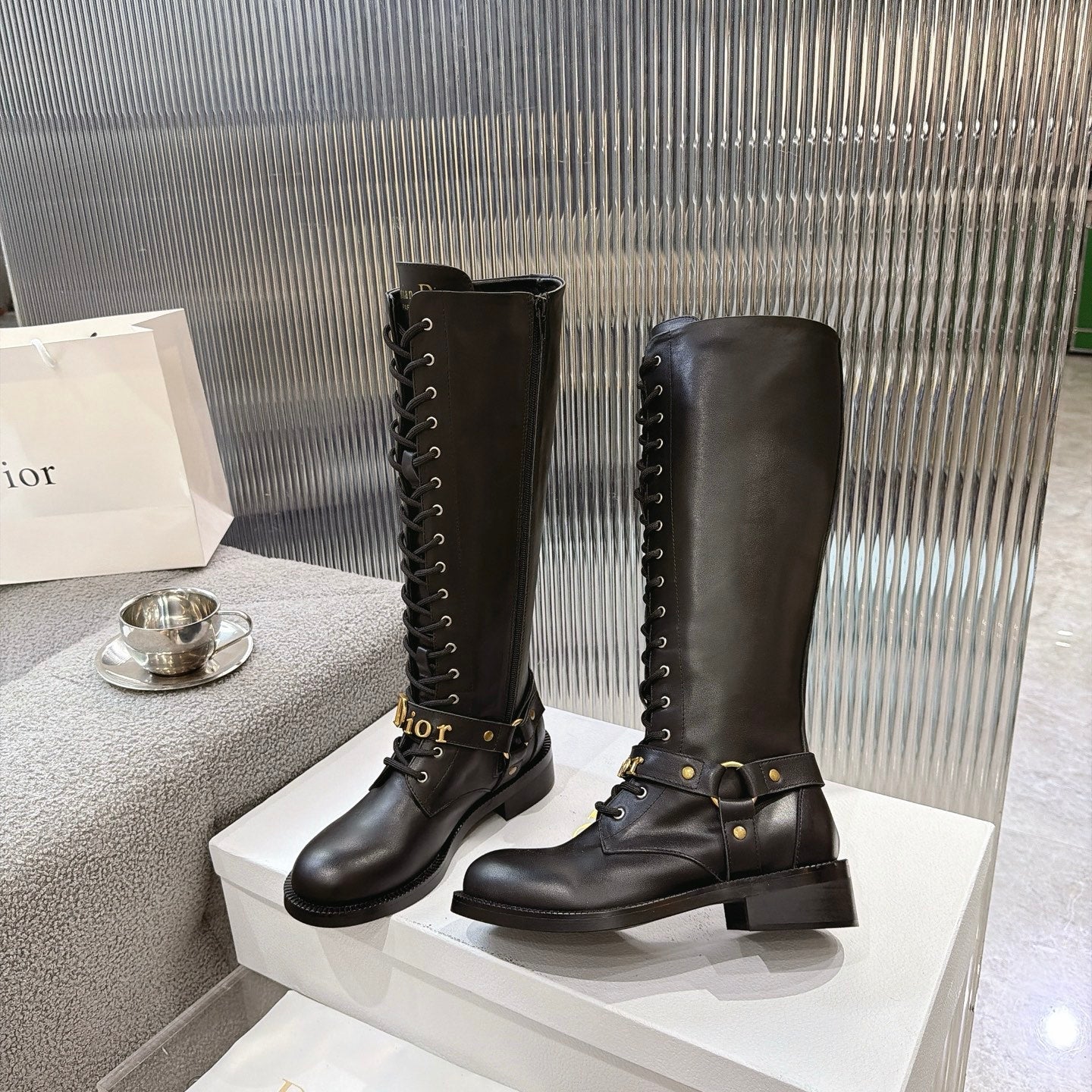CD 26s Lace-Up Knee-High Boots Black Calfskin 924104