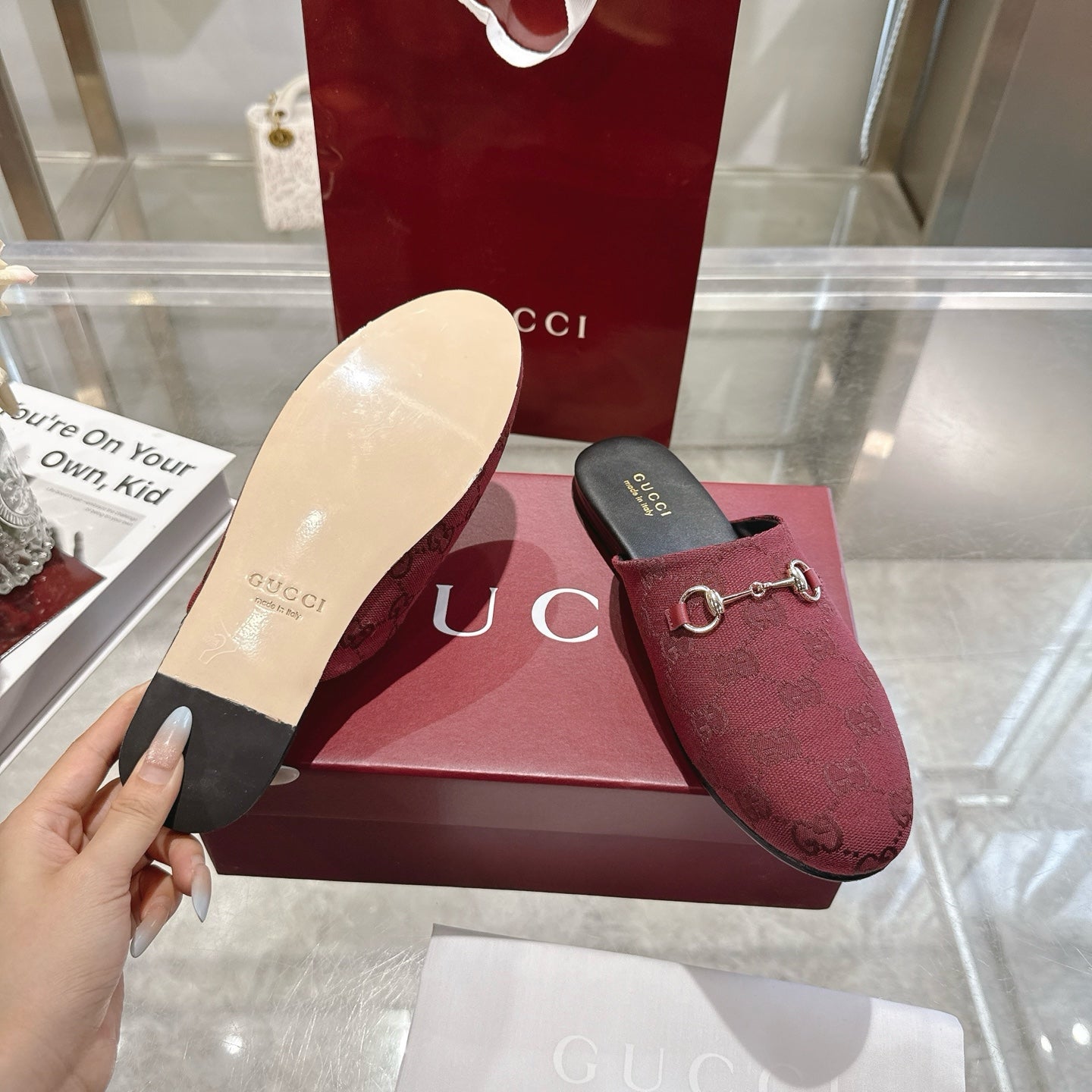 GG 26s Mule With Horsebit Burgundy Canvas 664805
