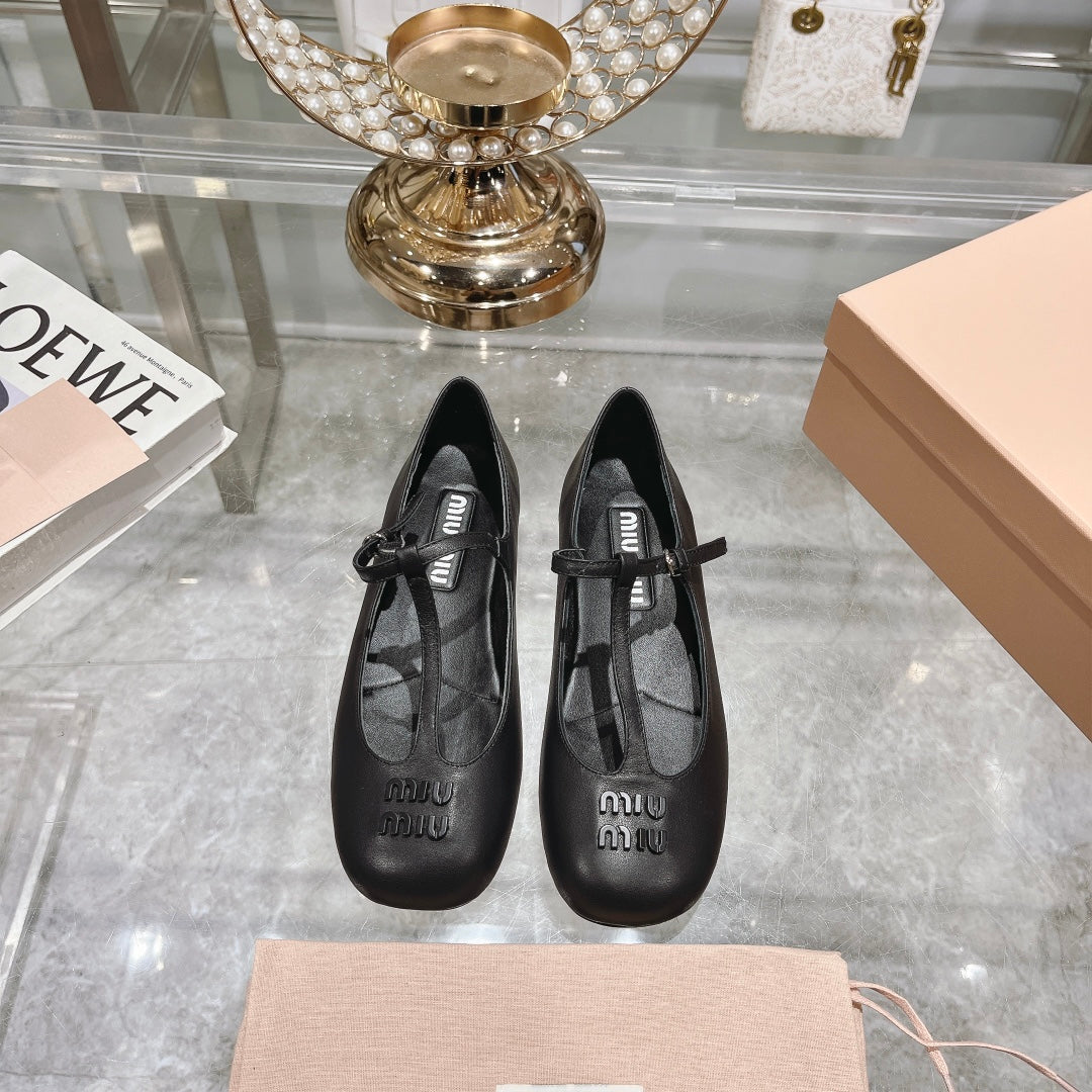 Miu Mary Jane Sandal Black With T - Strap Sheepskin