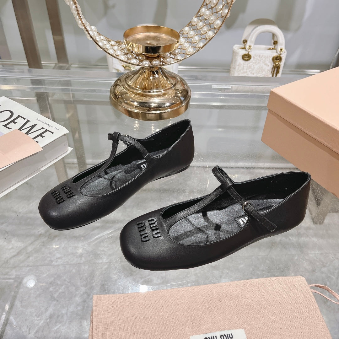 Miu Mary Jane Sandal Black With T - Strap Sheepskin