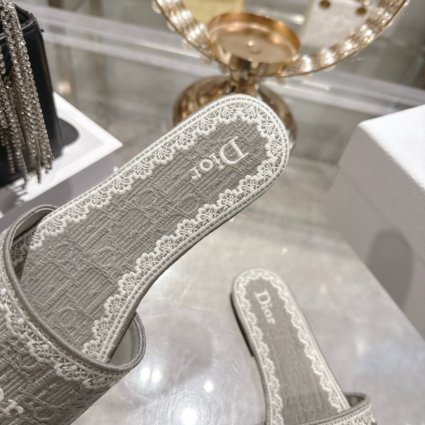 CD 26 Embroidered Sandals Gray White Canvas 592243