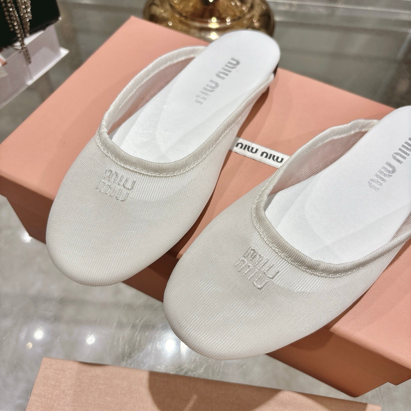 Miu Miu 26s Slippers White Mesh 679837