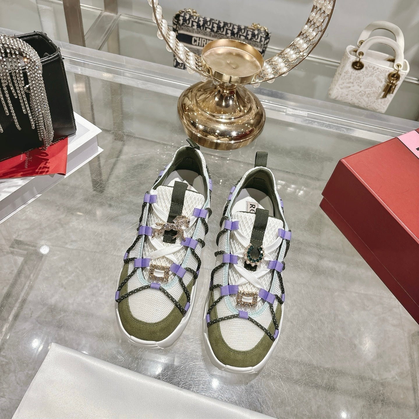 Roger Vivier Zag Sneakers White Olive Lace Suede 679799