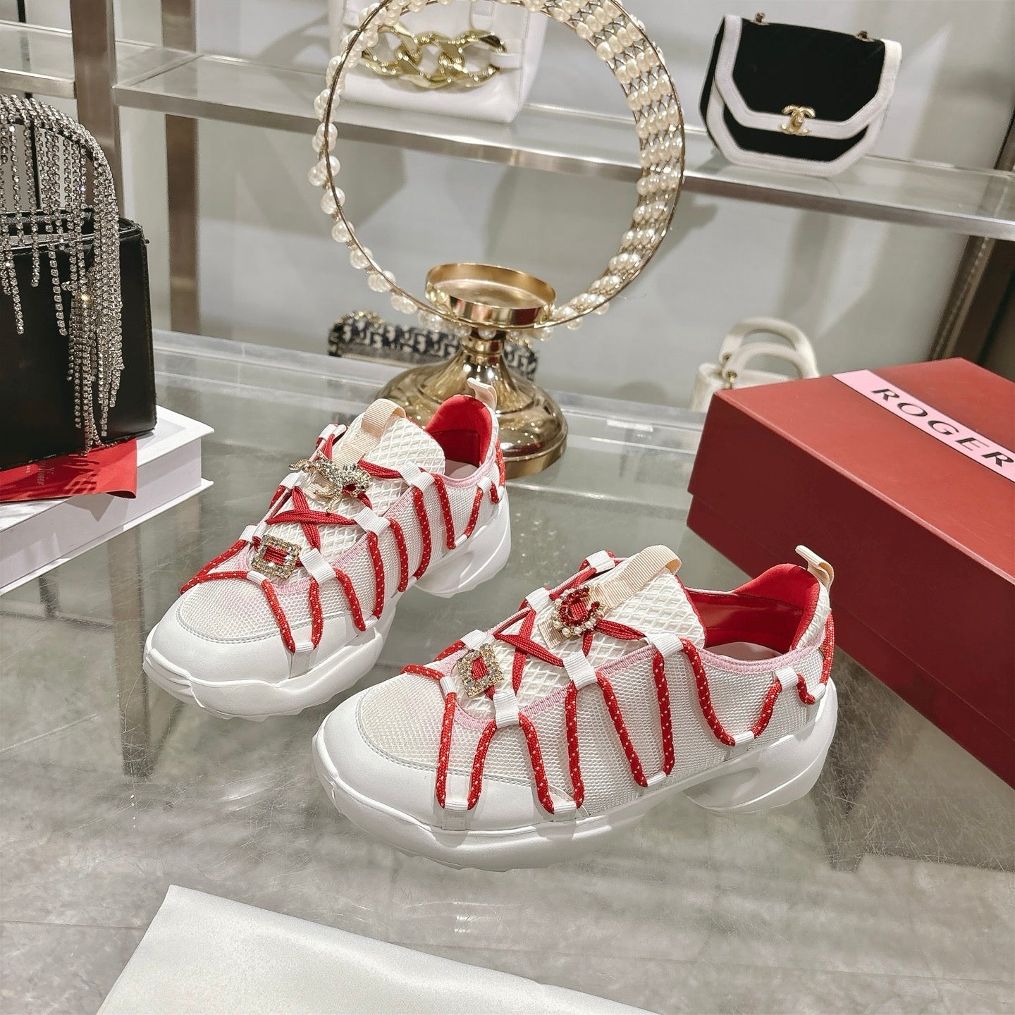 Roger Vivier Zag Sneakers White Red Lace Lambskin 679800