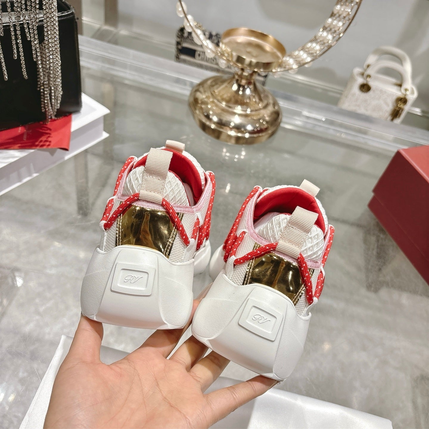 Roger Vivier Zag Sneakers White Red Lace Lambskin 679800
