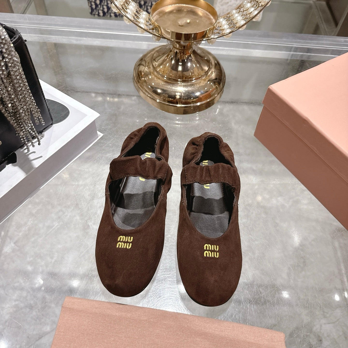 Miu 26s Mary Jane Flats In Dark Brown Suede Elastic Strap