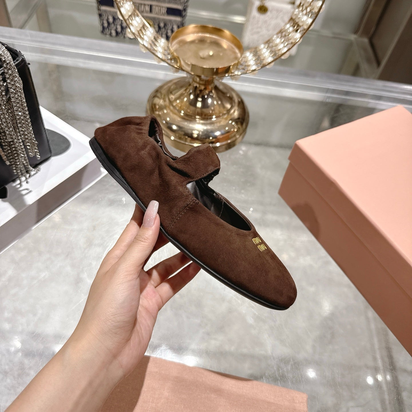 Miu 26s Mary Jane Flats In Dark Brown Suede Elastic Strap