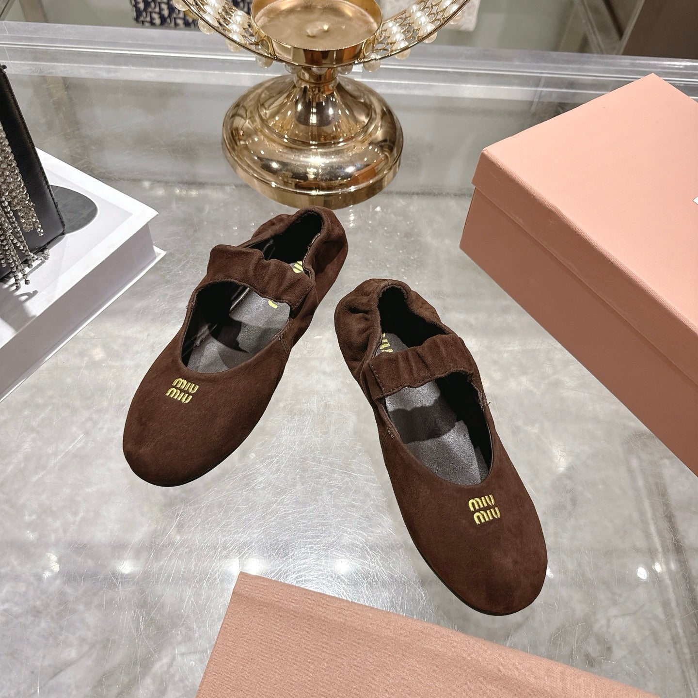 Miu 26s Mary Jane Flats In Dark Brown Suede Elastic Strap