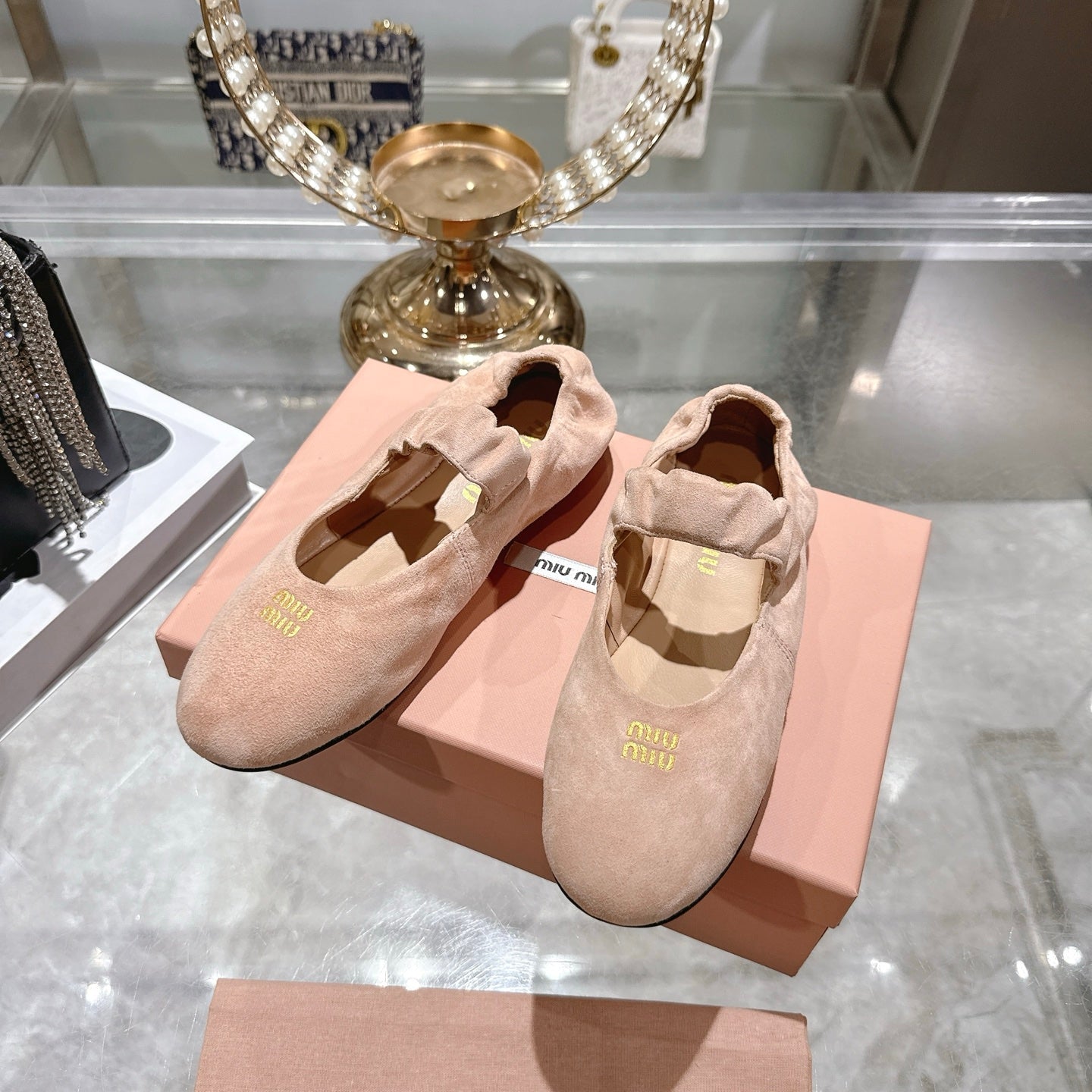 Miu 26s Mary Jane Flats In Light Pink Suede Elastic Strap