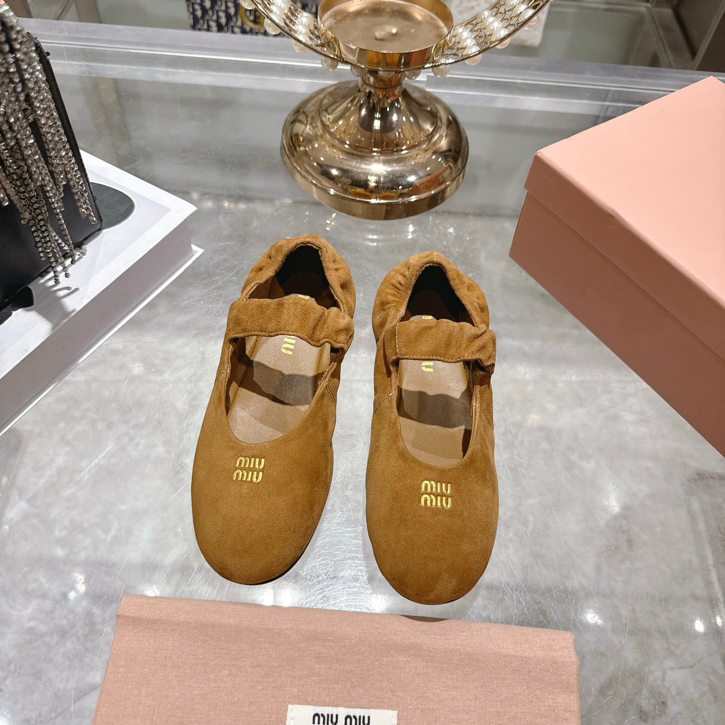 Miu 26s Mary Jane Flats In Brown Suede Elastic Strap