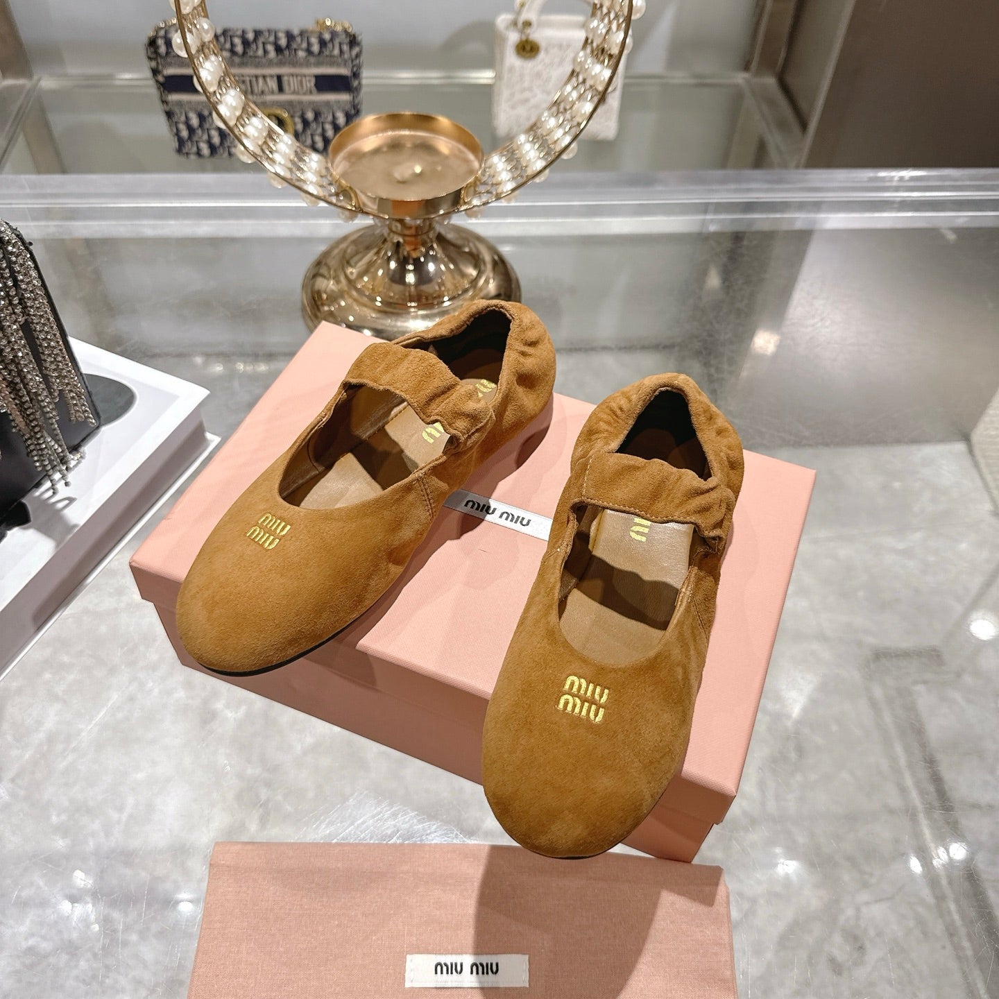 Miu 26s Mary Jane Flats In Brown Suede Elastic Strap
