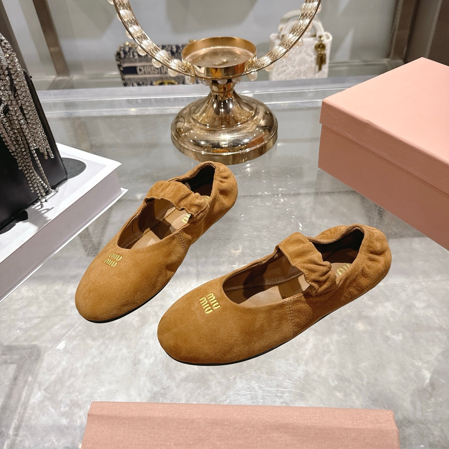 Miu 26s Mary Jane Flats In Brown Suede Elastic Strap