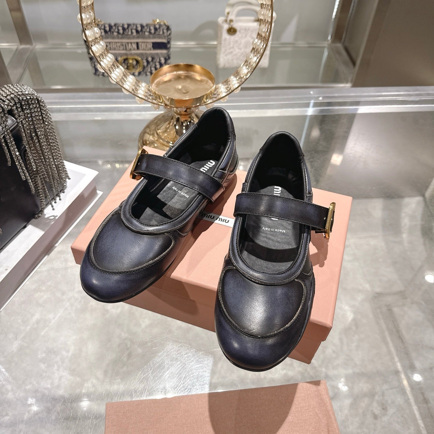 Miu 26s Gymnasium Ballerinas Navy Blue Leather 679783