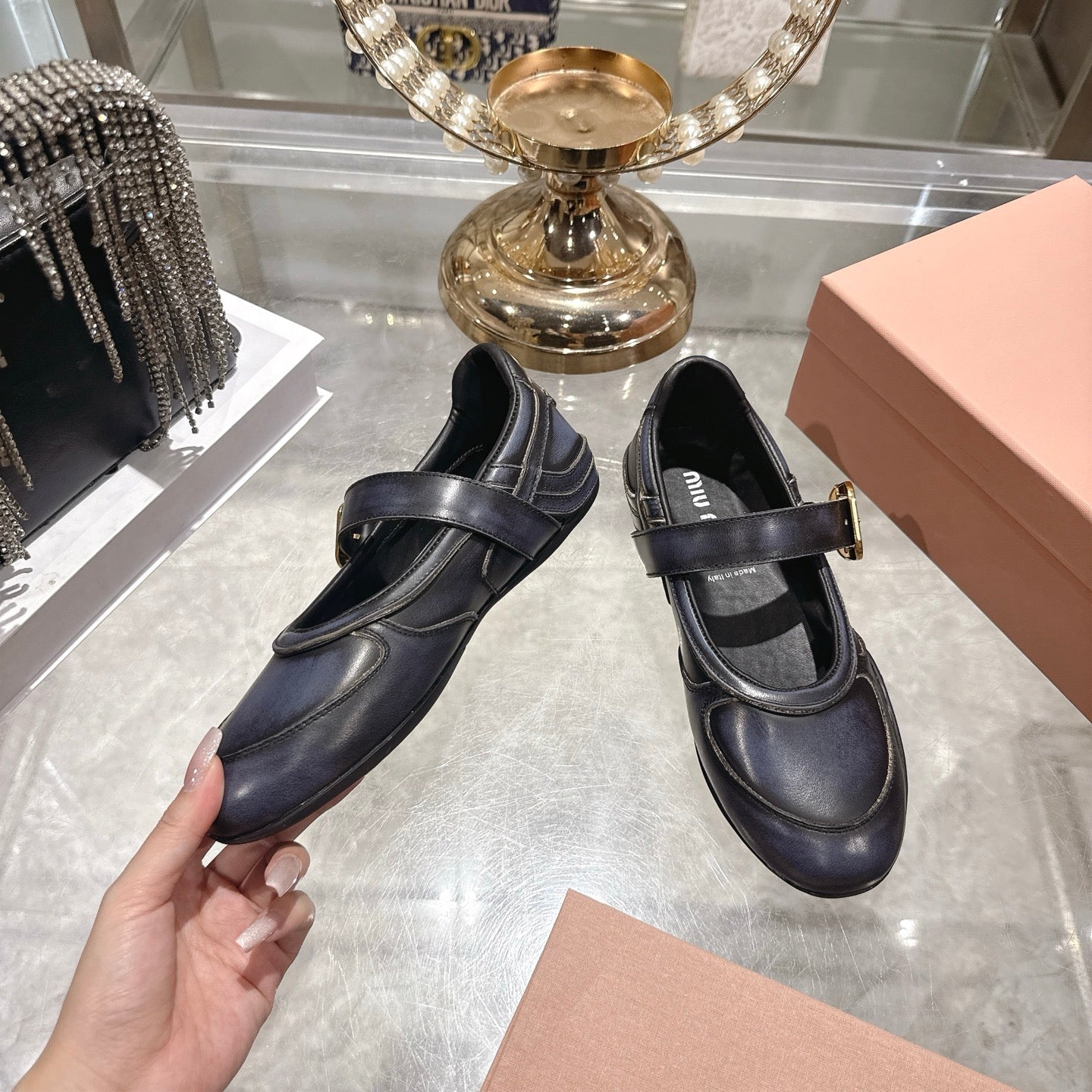Miu 26s Gymnasium Ballerinas Navy Blue Leather 679783
