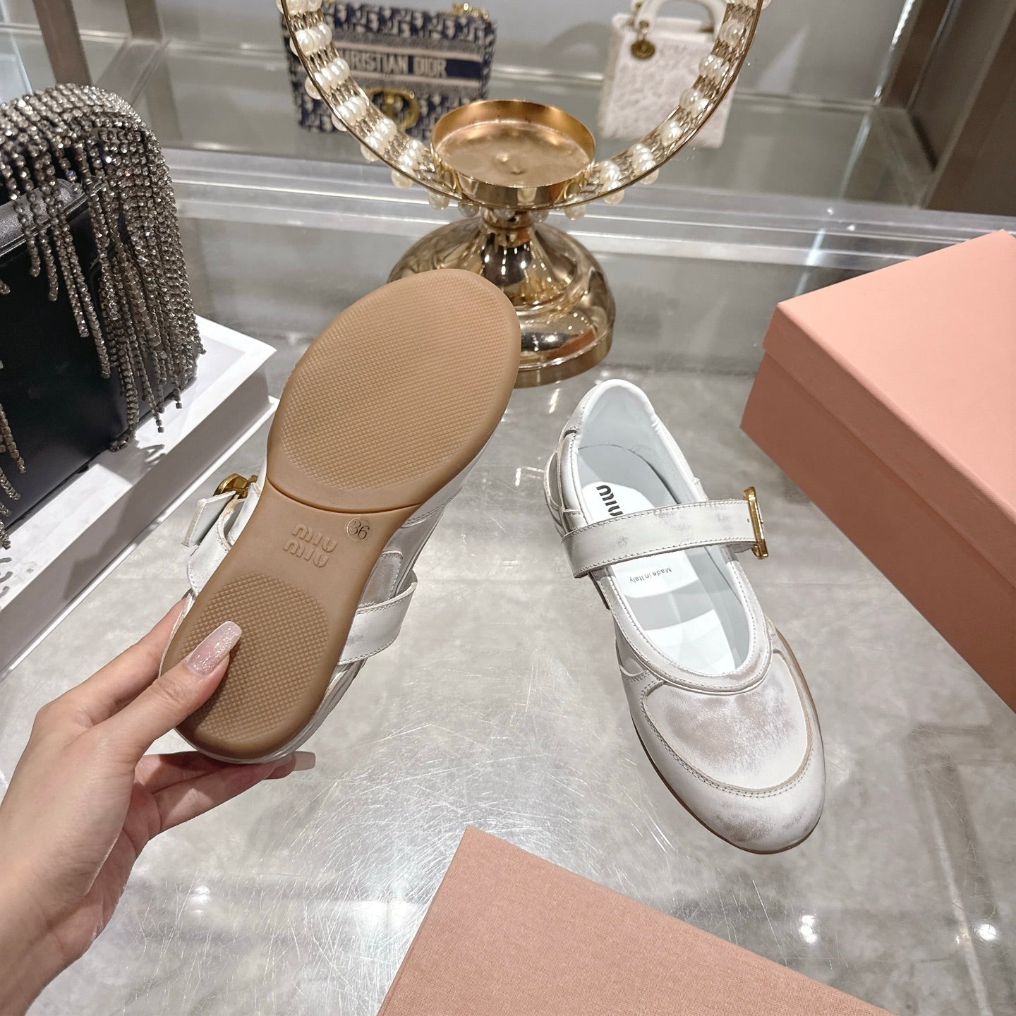 Miu 26s Gymnasium Ballerinas Dust White Leather 679784