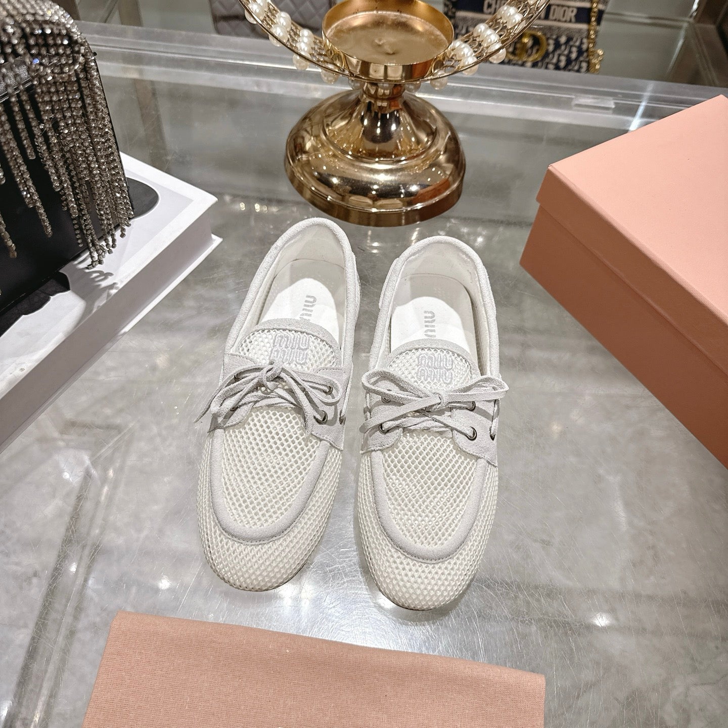 Miu 26s Boat Shoe White Mesh Suede 679792