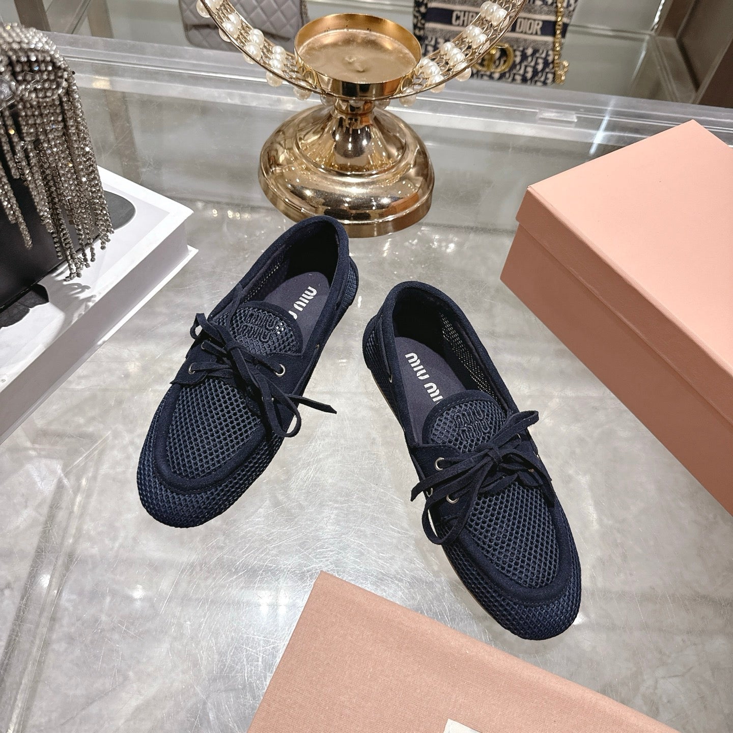 Miu 26s Boat Shoe Navy Blue Mesh Suede 679795