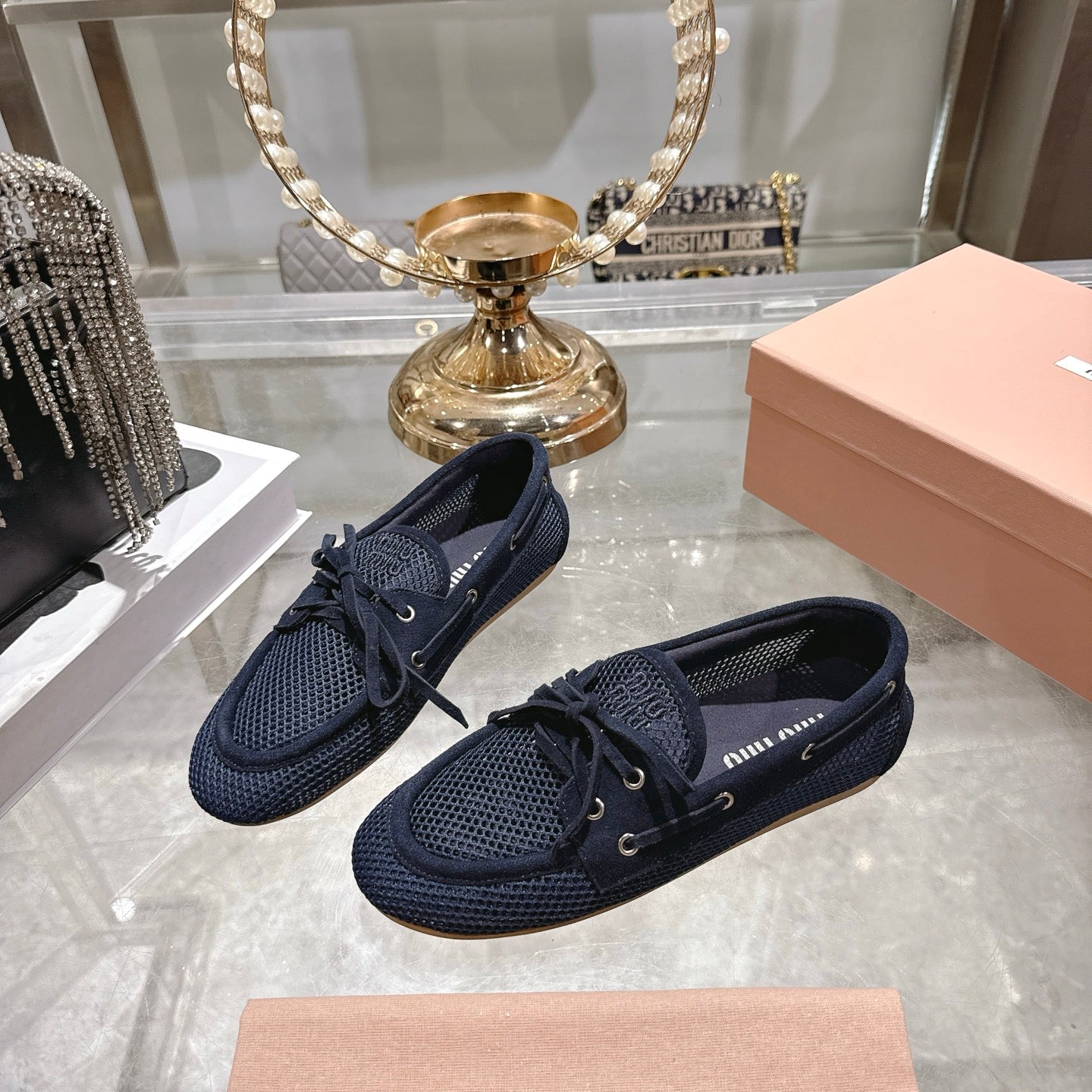 Miu 26s Boat Shoe Navy Blue Mesh Suede 679795