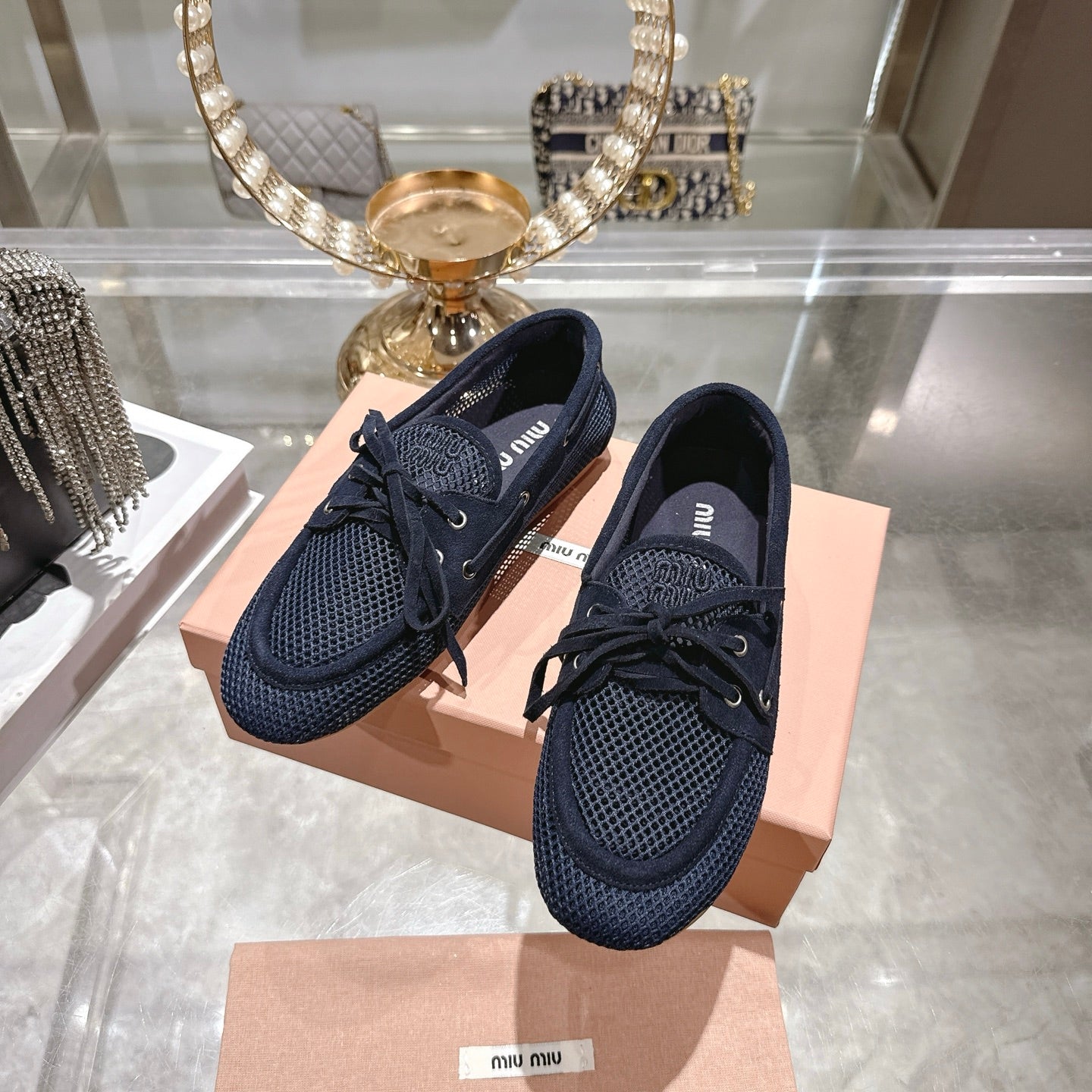 Miu 26s Boat Shoe Navy Blue Mesh Suede 679795