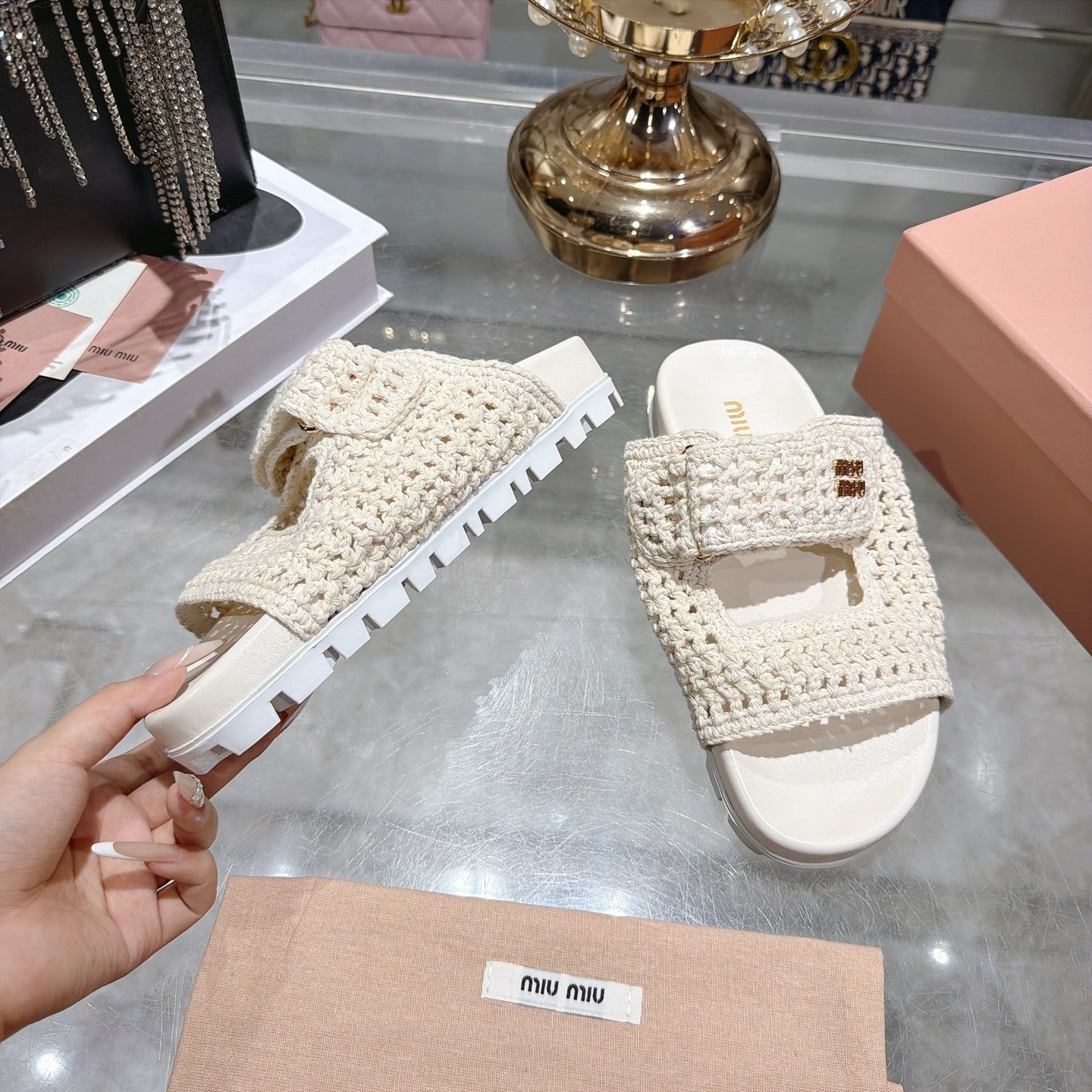 Miu Crochet Sandals Cream Woven 751363