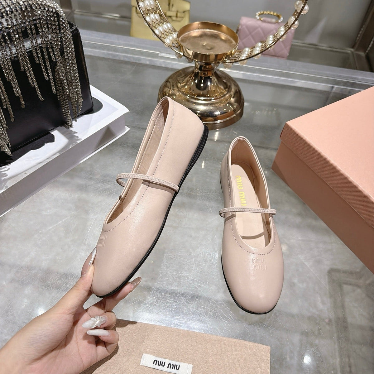 Miu Miu FW26 Ballerina Flats Beige Leather 190465