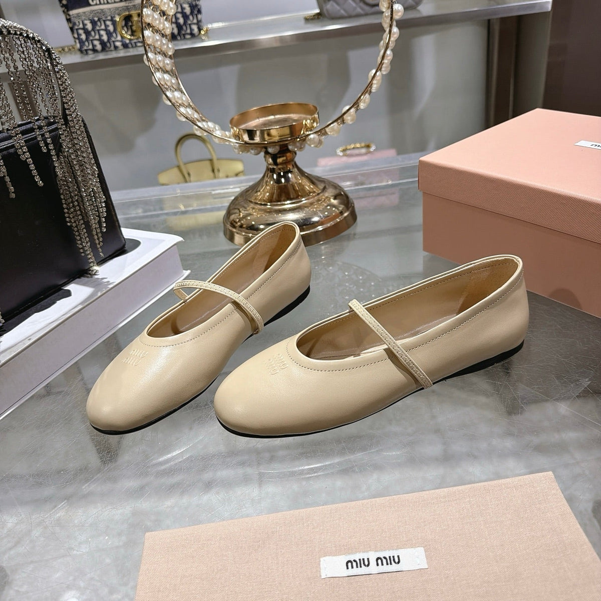 Miu Miu FW26 Ballerina Flats Apricot Leather 190468