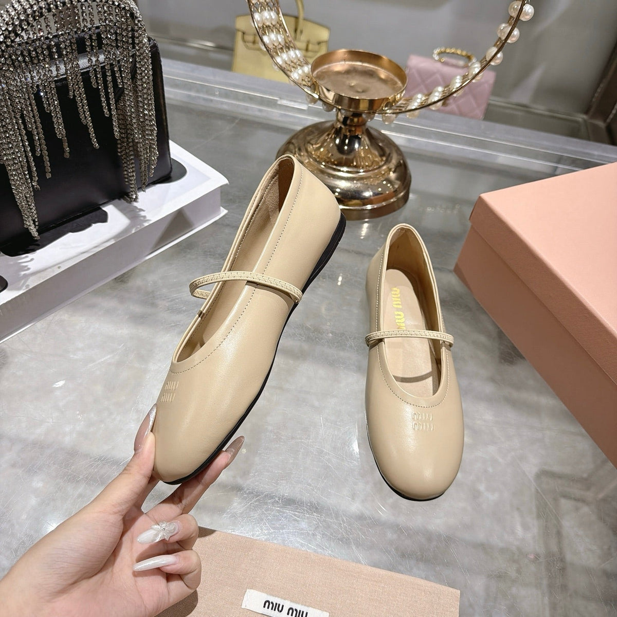 Miu Miu FW26 Ballerina Flats Apricot Leather 190468