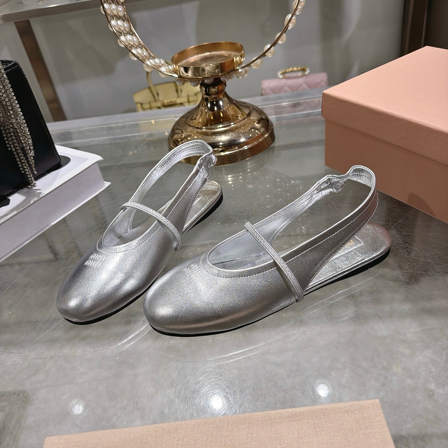 Miu Miu Slingback Flats Sliver Leather 901736