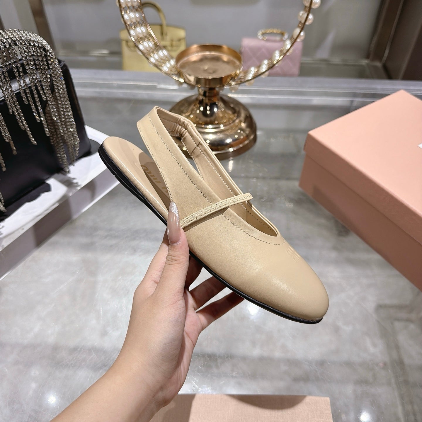 Miu Miu Slingback Flats Beige Leather 901737